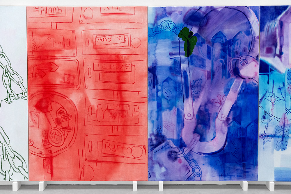 Exposition d'une grande frise de peintures, partie de l'exposition City Pace à la Spinnerei.