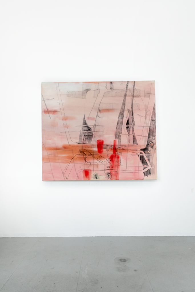 Peinture figurative grand format, tons beiges et rouges, un selfie dans la salle de bain.