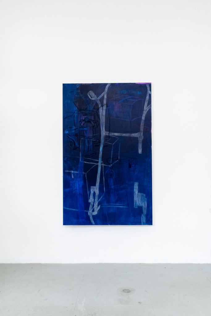 Peinture moyen format figurative, tons bleus.