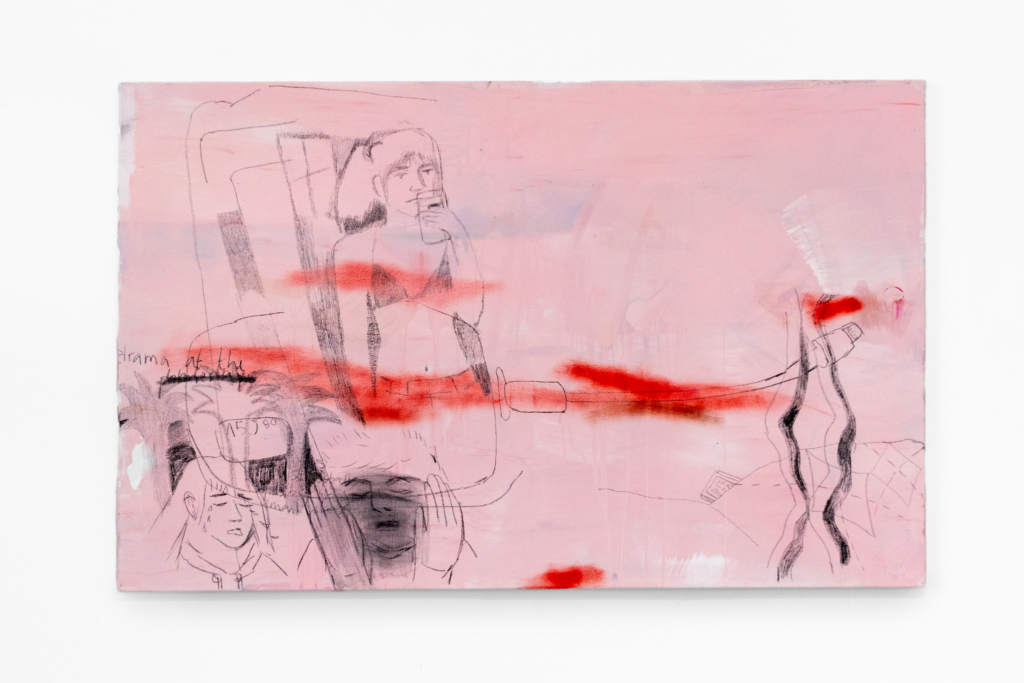 Peinture figurative grand format, tons beiges et rouges, un selfie.