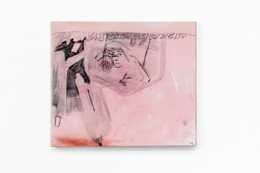 Peinture figurative petit format, tons roses. Un personnage réfléchit.