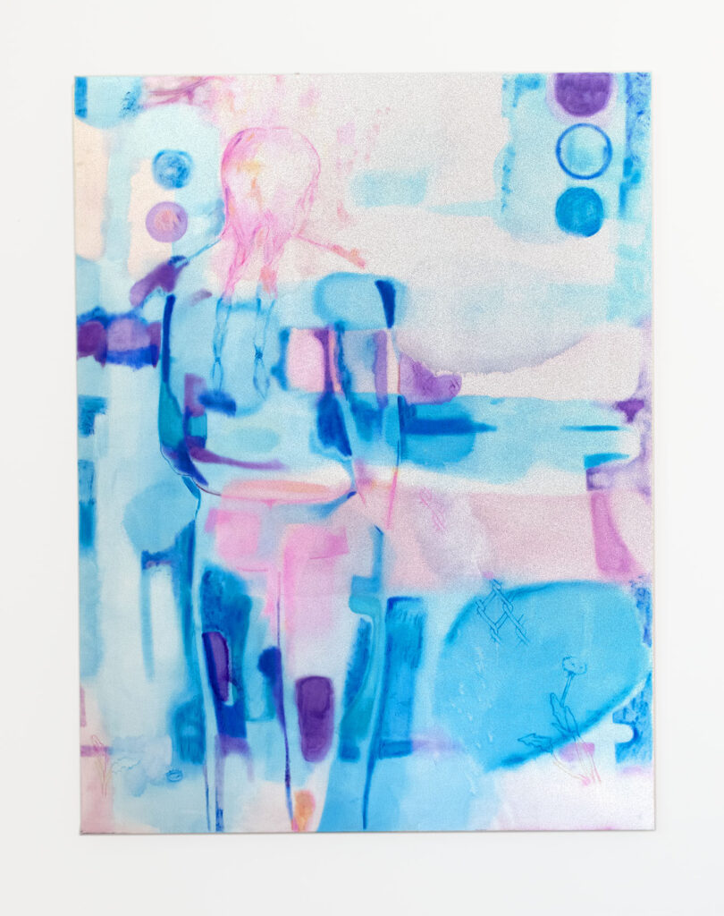 Peinture figurative grand format tons bleus et violets. Une clef tombe dans l'eau.