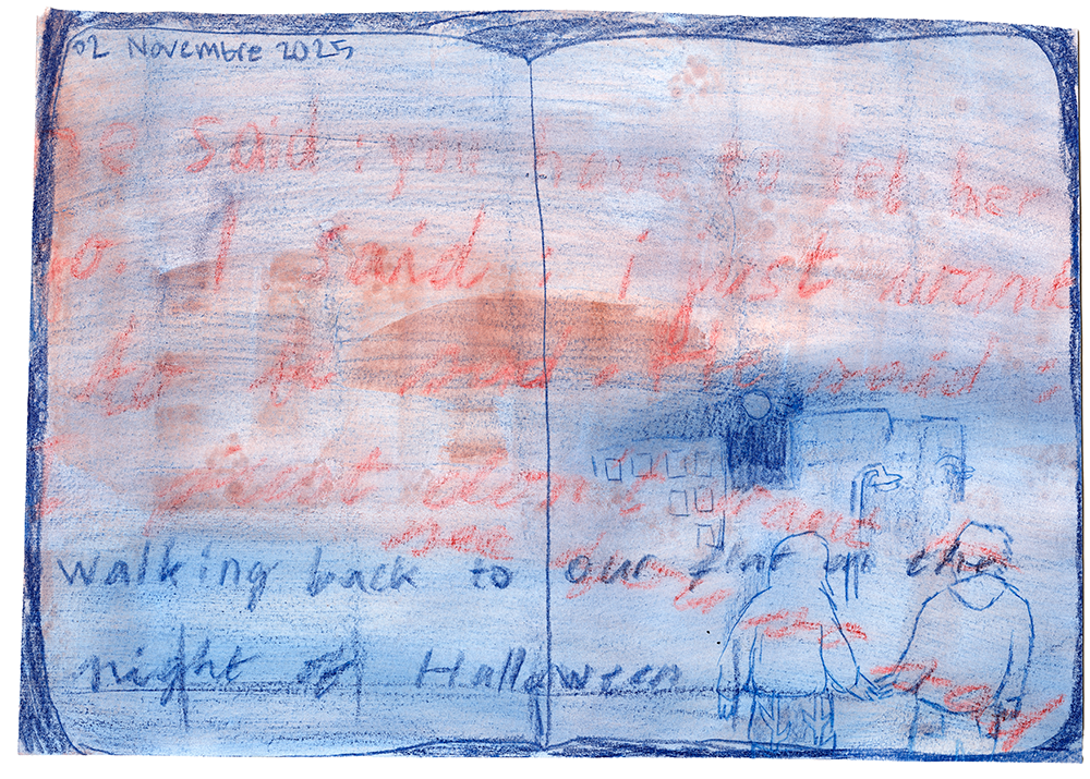 Dessin sur papier figuratif, journal intime, texte, tons bleus et rouges.