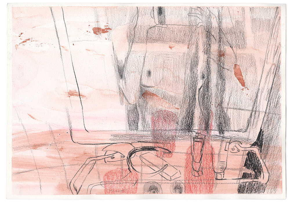 Dessin sur papier figuratif, journal intime, tons roses et rouges.