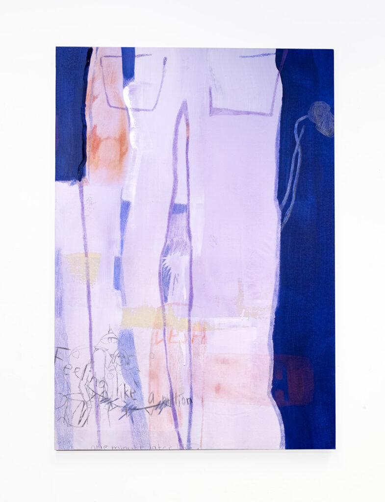 Peinture moyen format, figurative, des jeans et un micro, acrylique, tons bleus et violets.