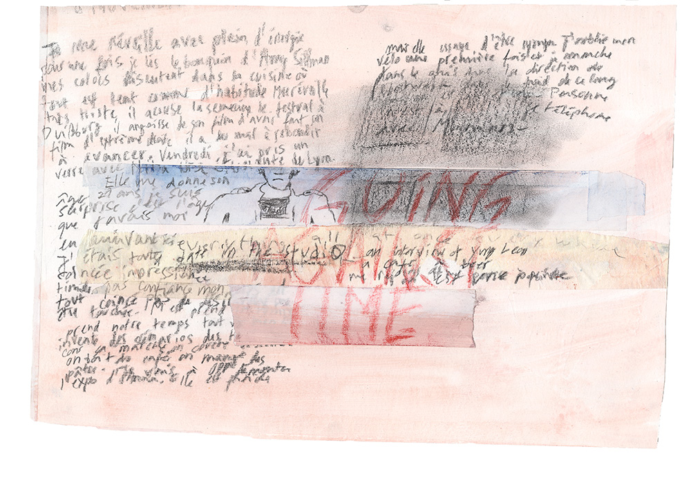 Dessin sur papier figuratif, journal intime, texte, collage.