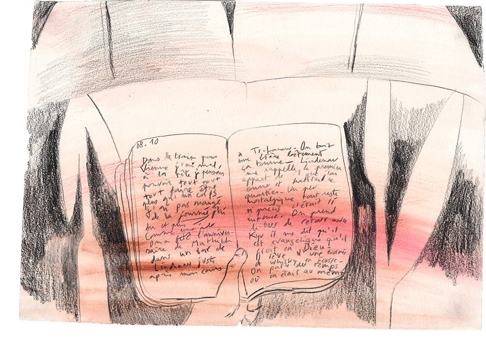 Dessin sur papier, texte, un personnage écrit son journal dans le train.