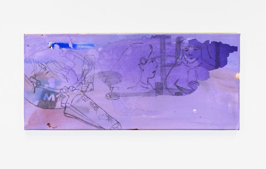 Peinture petit format, ton violet, dessin au crayon de deux amies dans un café.