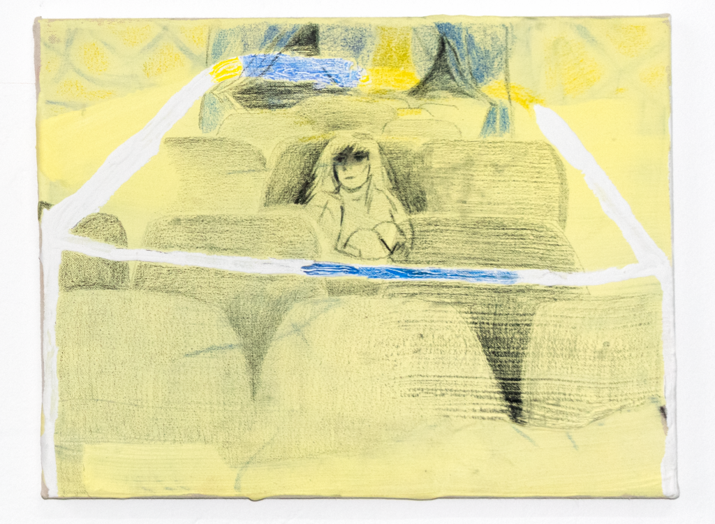 Peinture petit format, un personnage assis au cinéma a le blues. Tons jaunes et bleus.