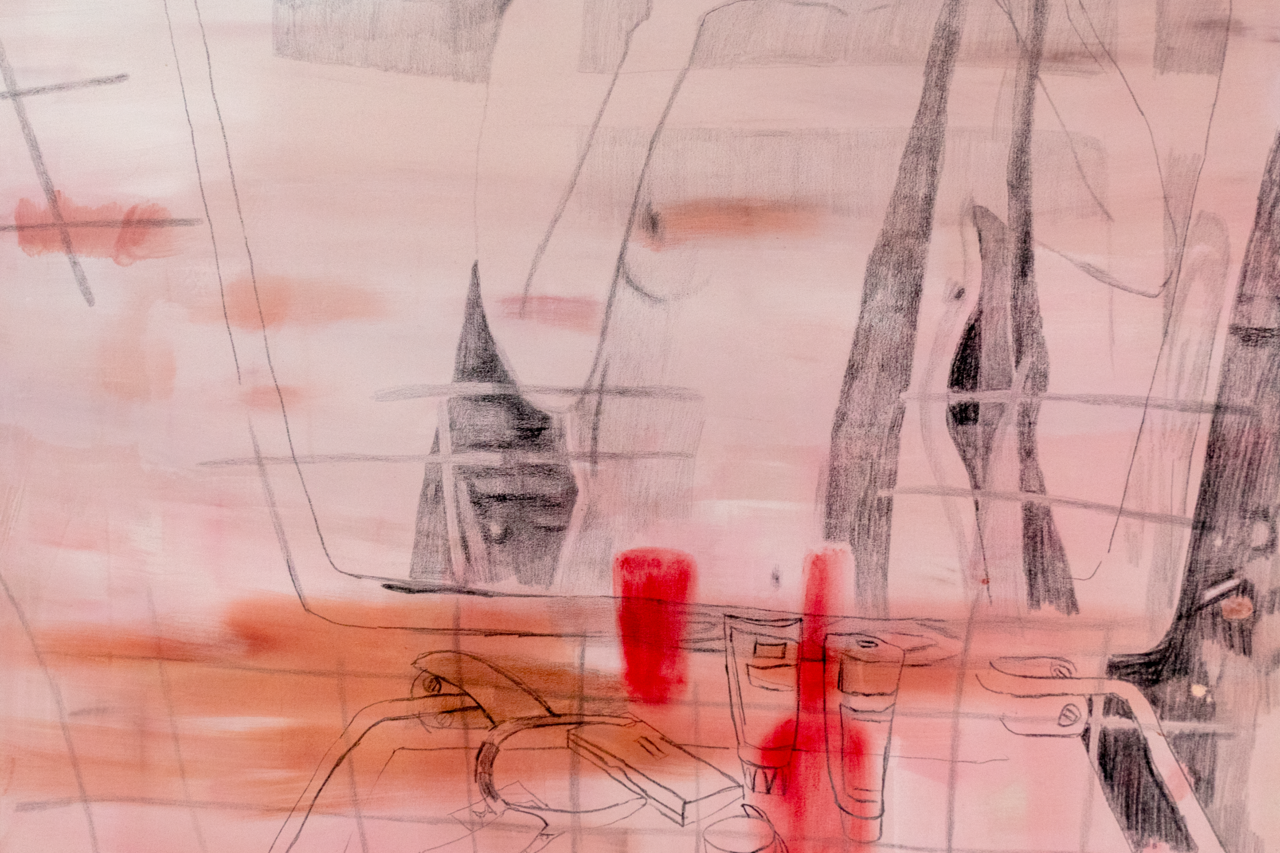 Peinture figurative grand format, tons beiges et rouges, un selfie dans la salle de bain.